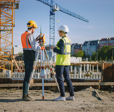 Two field service technicians stand on a construction site beside a tripod, discussing their work