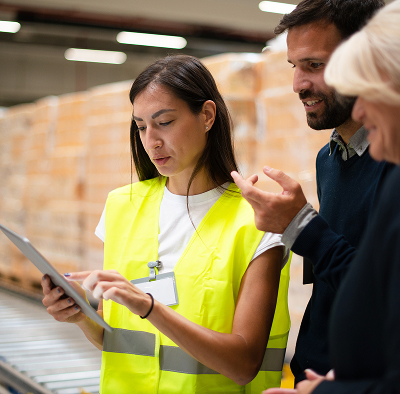 Three people in a warehouse focused on a tablet, with storage shelves and equipment in the background