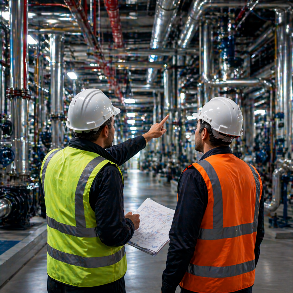 Two TAP's staff in hard hats stand assessing the large industrial plant for smarter budgeting, smoother approvals and stronger delivery outcomes