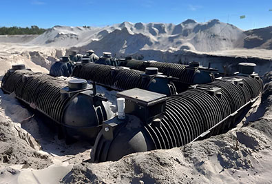 Large sanitary and wastewater tanks in sandy terrain installed for industrial systems by TAP Hydraulics